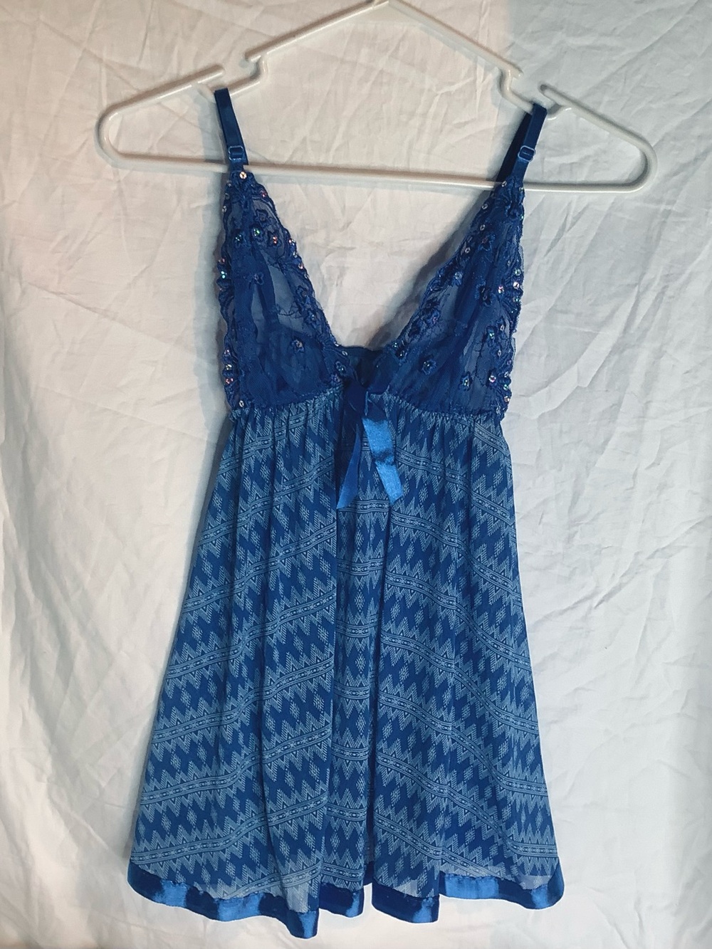Royal Blue Sequin Sheer Lace Satin Babydoll Lingerie